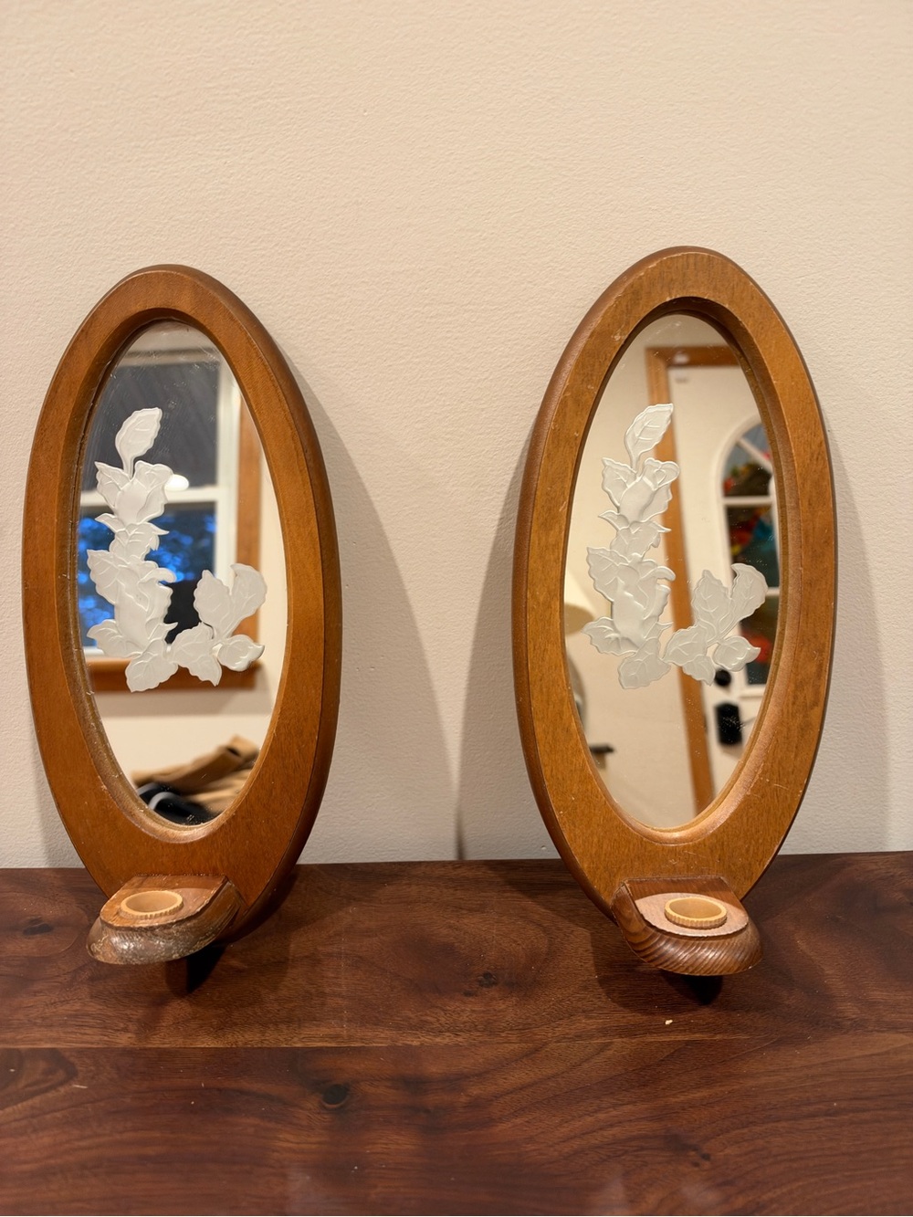 Pair of Brown Oval Wooden Wall Mirrors with White Floral Etching